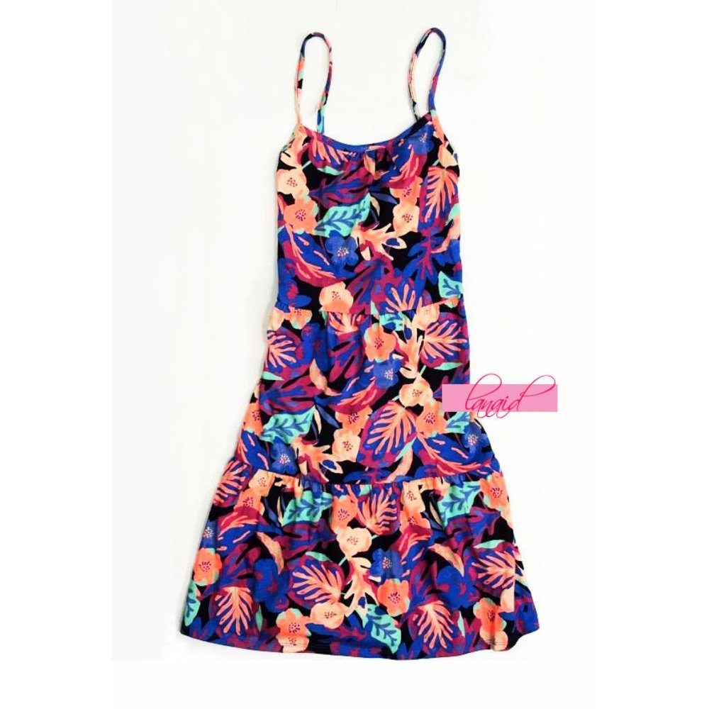 Cat & Jack Tropical Floral Neon Sundress Criss-Cross Straps Ruffled Tiered Dress